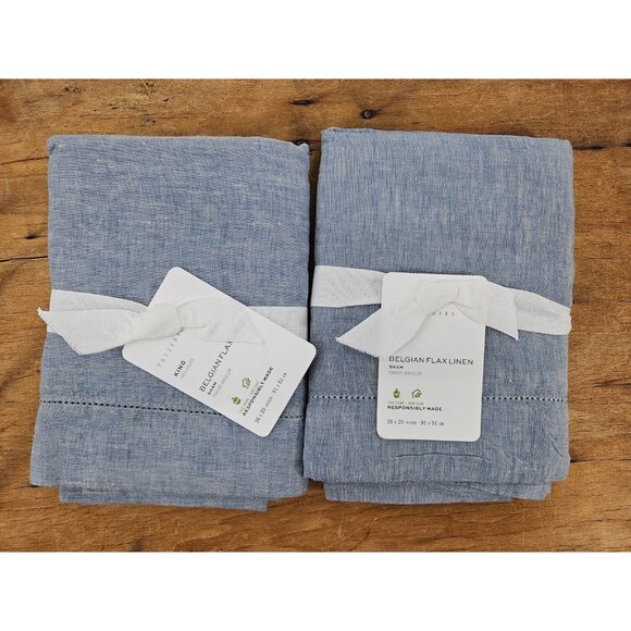 New Pottery Barn King Size Belgian Flax Linen Shams Set of 2 Chambray Blue 36x20